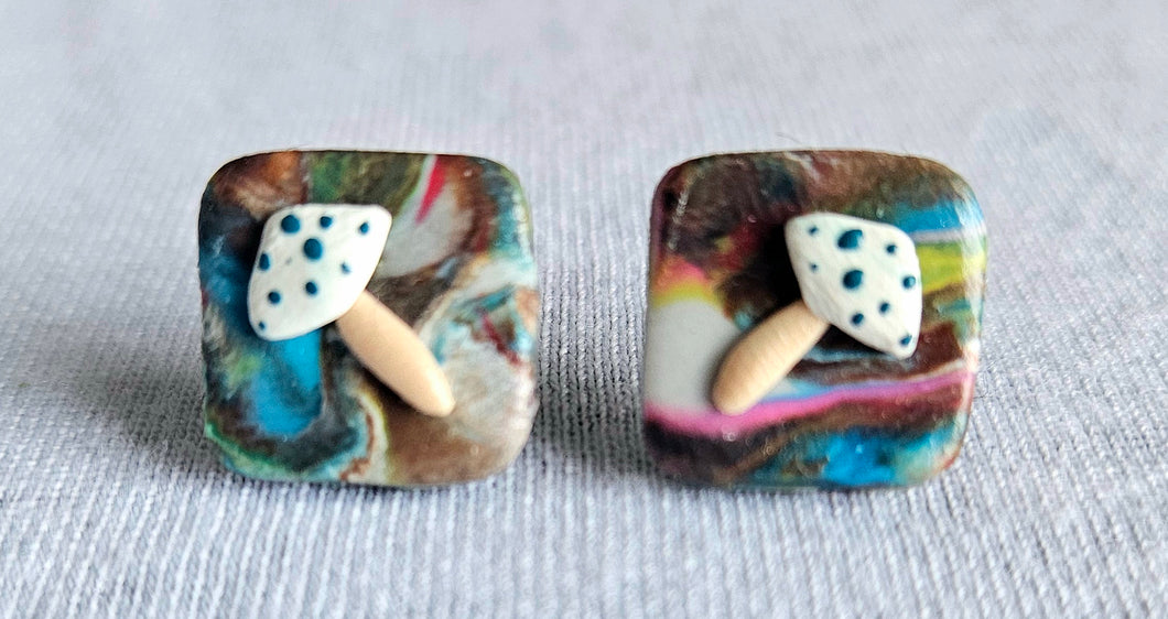 Trippy Square Mushroom Stud Earrings