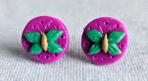 Fuschia and Green Butterfly Stud Earrings