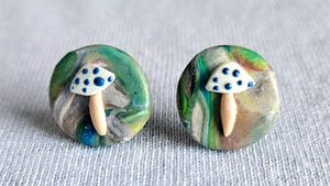 Trippy Blue Mushroom Stud Earrings